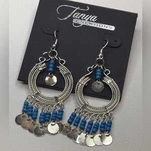 Bohemian Silver and Blue Dangle Hoop Earrings with Fringe 3 inch